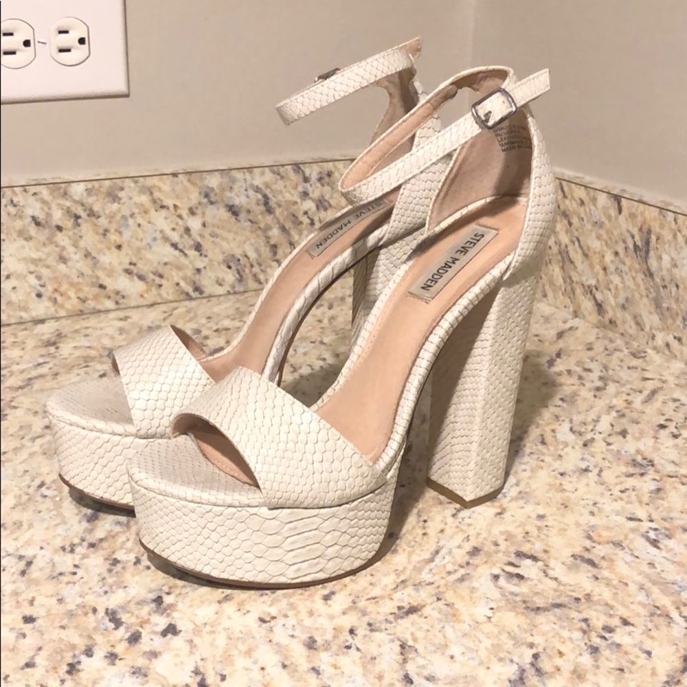 White snake skin platform heels